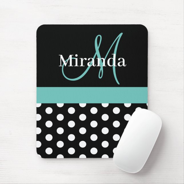 Teal Green Monogram Black White Polka Dot Mouse Pad (With Mouse)