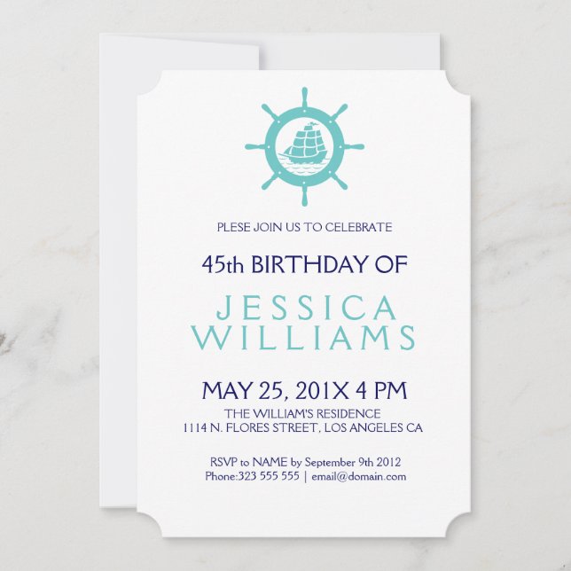 Teal-Green Nautical Boat Wheel Birthday Party Invitation (Front)