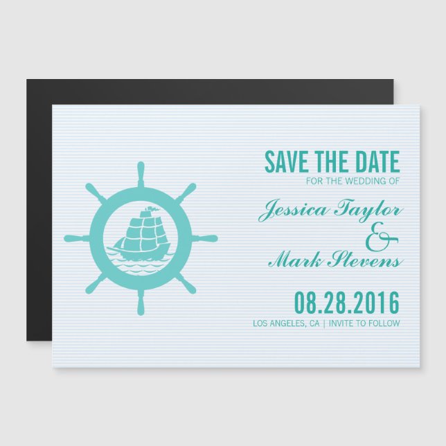 Teal Green Nautical Boat Wheel Save The Date Magnetic Invitation (Front/Back)