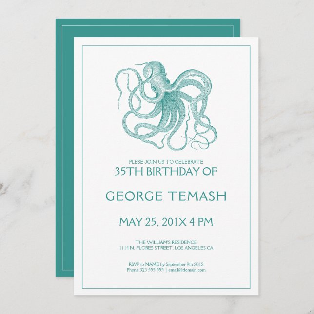 Teal-green nautical octopus birthday party Invite (Front/Back)