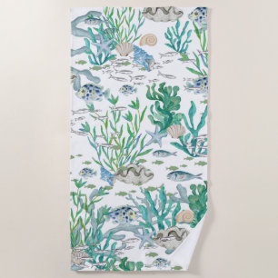 Teal Green Ocean Seashells Starfish Fish Coral Beach Towel