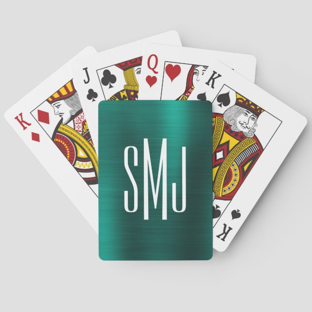 Teal Green Ombre Foil Three Letter Monogram Playing Cards (Back)