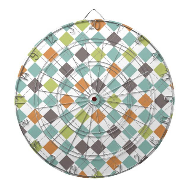 Teal Green Orange Taupe Classic Argyle Pattern Dartboard (Front)