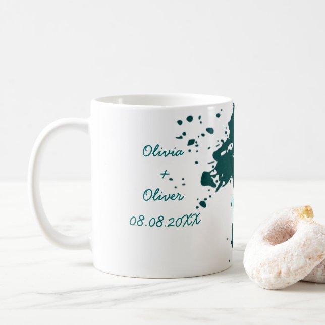 Teal Green Paint Splashes Wedding Favour Coffee Mug (With Donut)