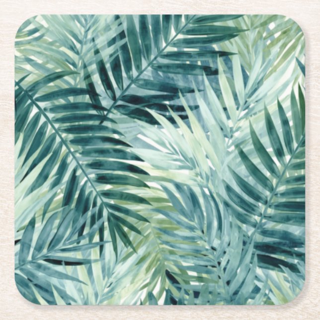 Teal Green Palm Leaves Square Paper Coaster (Front)