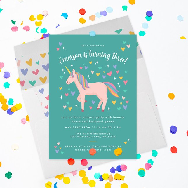 Teal Green Pastel Rainbow Unicorn Birthday Party Invitation (teal green invite with pretty pink unicorn with hearts and stars invites friends to a magical party)