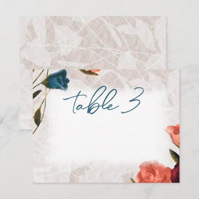 Teal Green Peach Roses Wedding Table Number Card (Front/Back)