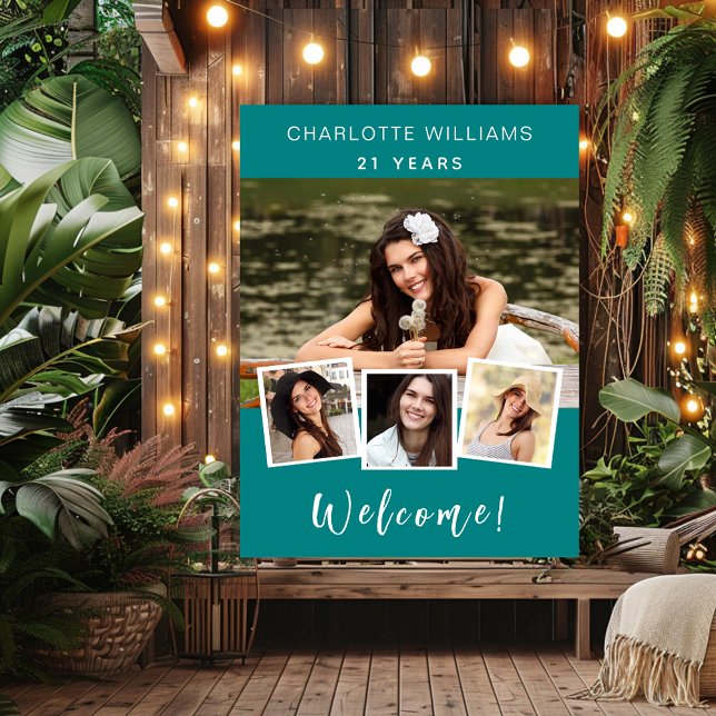 Teal green photo collage birthday party welcome poster (Creator Uploaded)