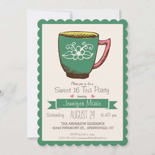Teal Green & Pink Retro Sweet 16 Tea Party Invitation (Front)