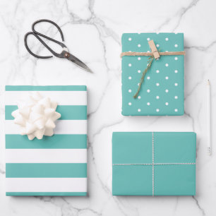 Teal Green Polka Dot Wide Striped and Solid Wrapping Paper Sheet