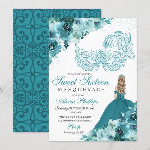 Teal Green Princess Masquerade Sweet 16 Invitation