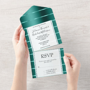Teal Green Ribbon Wedding All In One Invitation