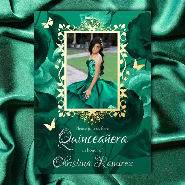 Teal Green Roses, Gold Butterflies Quinceanera (Teal green and gold ornate gold photo frame, green quinceanera invitations with gold butterflies)