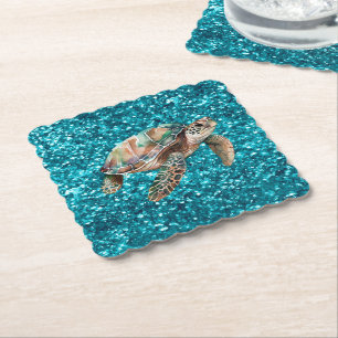 Teal Green Sea Turtle Paper Coaster