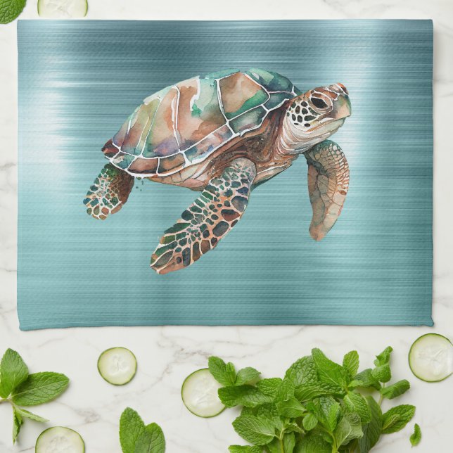 Teal Green Sea Turtle Tea Towel (Folded)