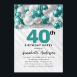 Teal Green Silver Balloon Glitter 40th Birthday Invitation<br><div class="desc">Modern Glam Teal Green Silver Balloon Glitter Sparkle Any Age Birthday Invitation</div>