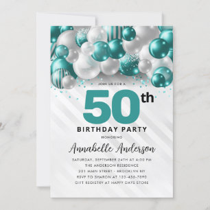 Teal Green Silver Balloon Glitter 50th Birthday Invitation