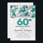 Teal Green Silver Balloon Glitter 60th Birthday Invitation<br><div class="desc">Modern Glam Teal Green Silver Balloon Glitter Sparkle Any Age Birthday Invitation</div>