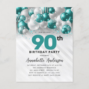Teal Green Silver Balloon Glitter 90th Birthday Postcard