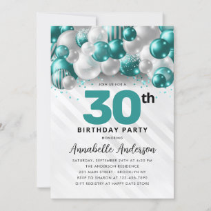 Teal Green Silver Balloon Glitter Any Age Birthday Invitation
