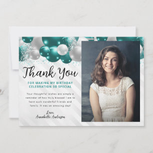 Teal Green Silver Balloon Glitter Photo Birthday Thank You Card