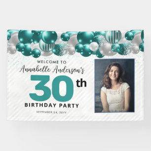 Teal Green Silver Balloon Glitter Photo Welcome Banner