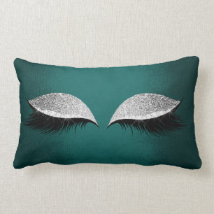 Teal Green Silver Glitter Black Glam Makeup Lashes Lumbar Cushion