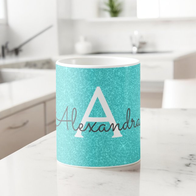 Teal Green Sparkle Glitter Monogram Name Coffee Mug (Creator Uploaded)
