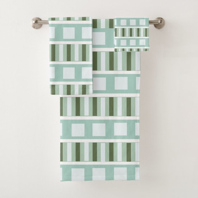 Teal Green Square Stripes Patterns Bath Towel Set (Insitu)