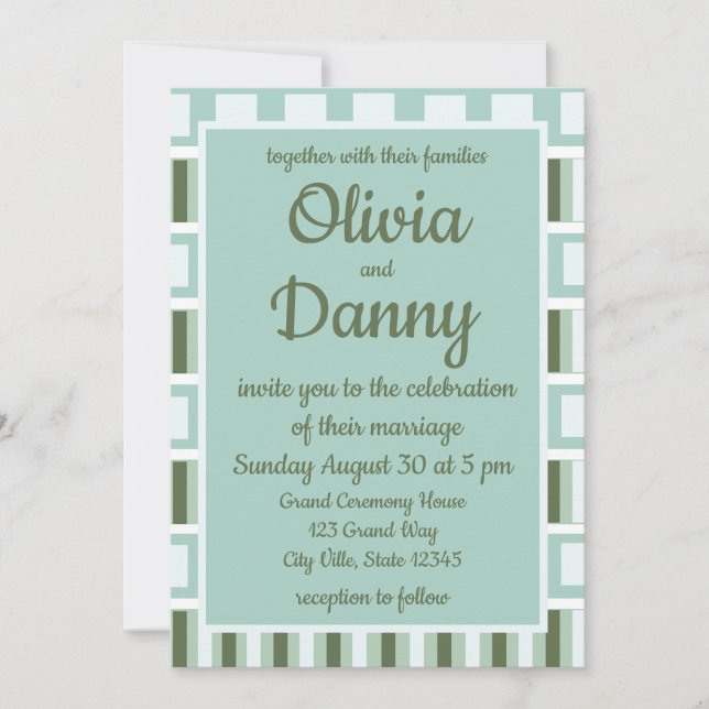 Teal Green Square Stripes Patterns Wedding Invitation (Front)