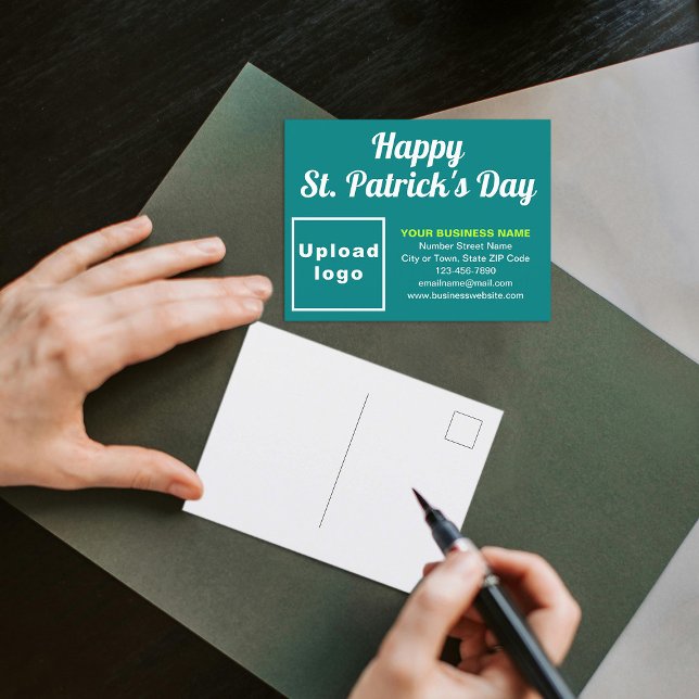 Teal Green St. Patrick Business Holiday Postcard (Business brand with St. Patrick greeting on teal green holiday postcard)