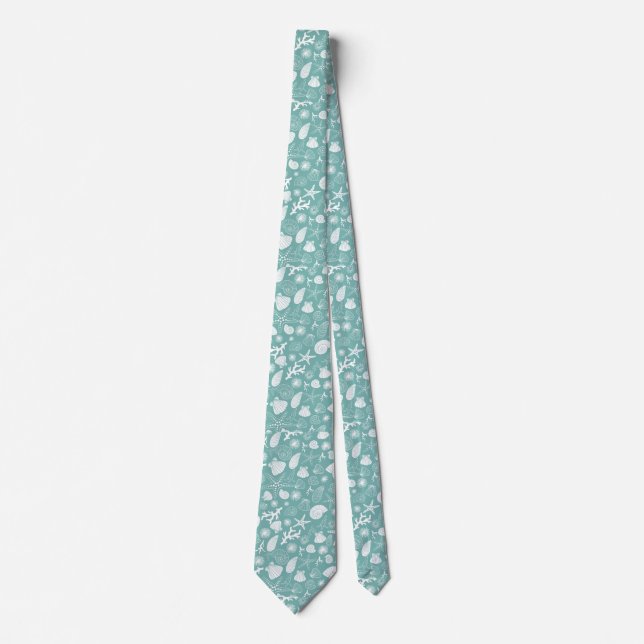 Teal Green Starfish Seashell and Ocean Sealife Tie (Front)