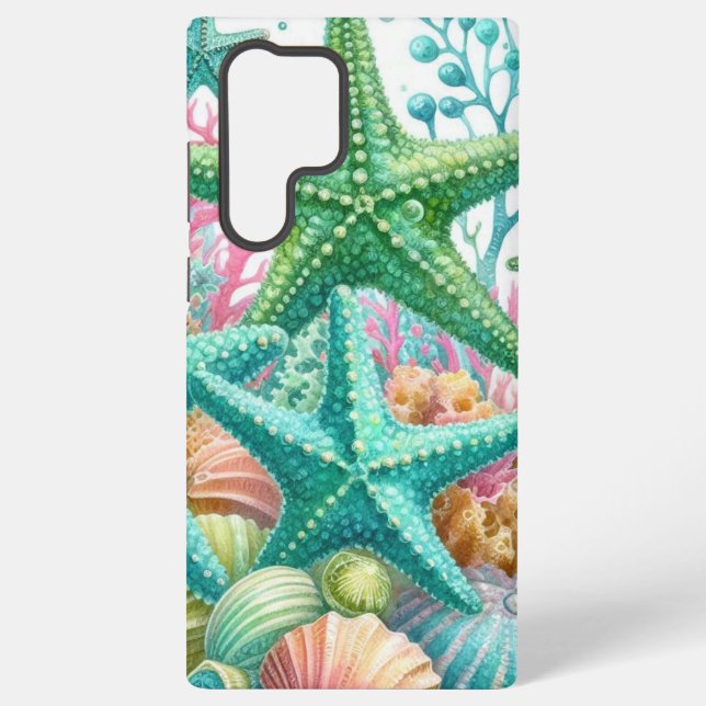 Teal Green Starfish Shells Samsung Galaxy S22 Ultra Case (Back)