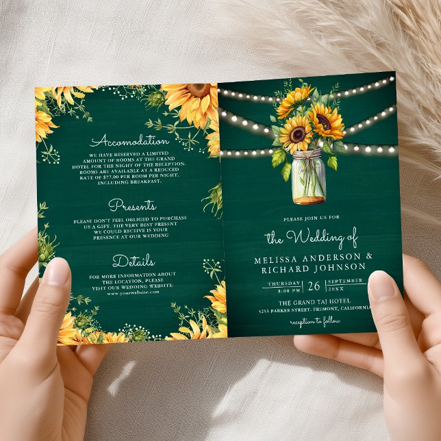Teal Green Sunflowers Mason Jar QR Code Wedding Invitation (Creator Uploaded)