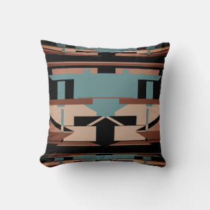 Teal Green Tan Shades on Black Southwest Mosaic Cushion