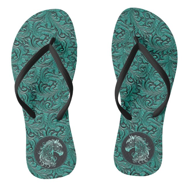 Teal green tooled embossed leather horse cowgirl thongs (Footbed)