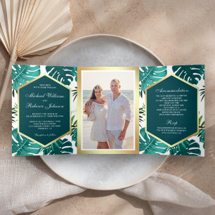 Teal Green Tropical Palm Monstera Leaves Wedding Tri-Fold Invitation