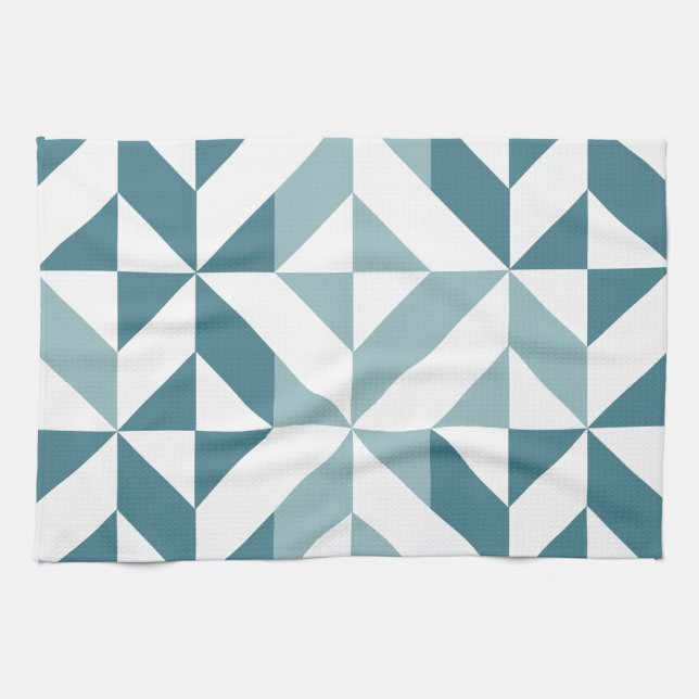 Teal Green Two Tone Geometric ZigZag Tea Towel (Horizontal)