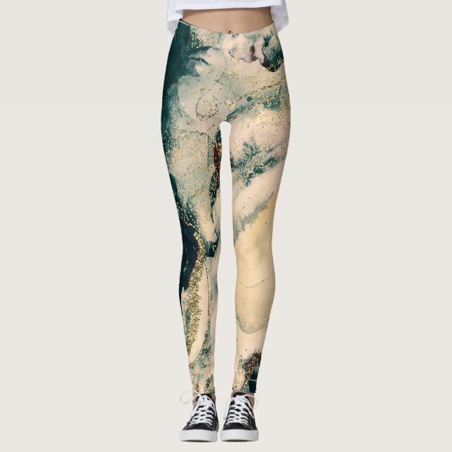Teal Green Watercolor Cosmic Galaxy Sparkle  Leggings (Front)