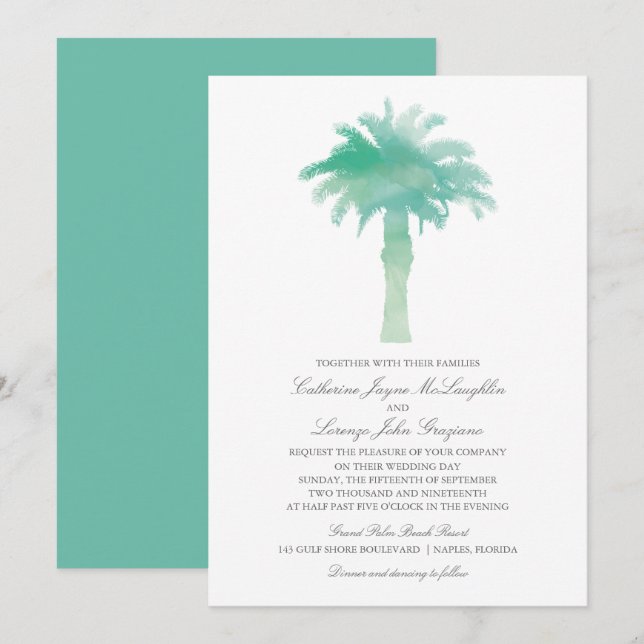 Teal Green Watercolor Palm Tree Wedding Invitation (Front/Back)