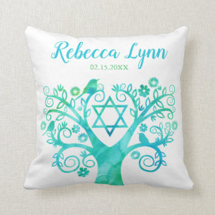 Teal Green Watercolor Tree of Life Bat Mitzvah Cushion