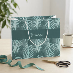 Teal Green Watercolor Tropical Leaf Monogram Name Large Gift Bag