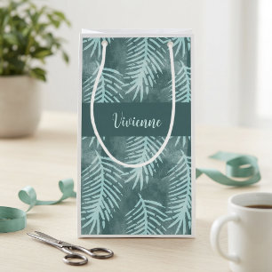 Teal Green Watercolor Tropical Leaf Monogram Small Gift Bag