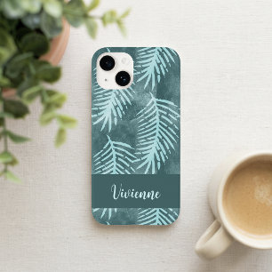 Teal Green Watercolor Tropical Leaf Name Case-Mate iPhone 14 Case