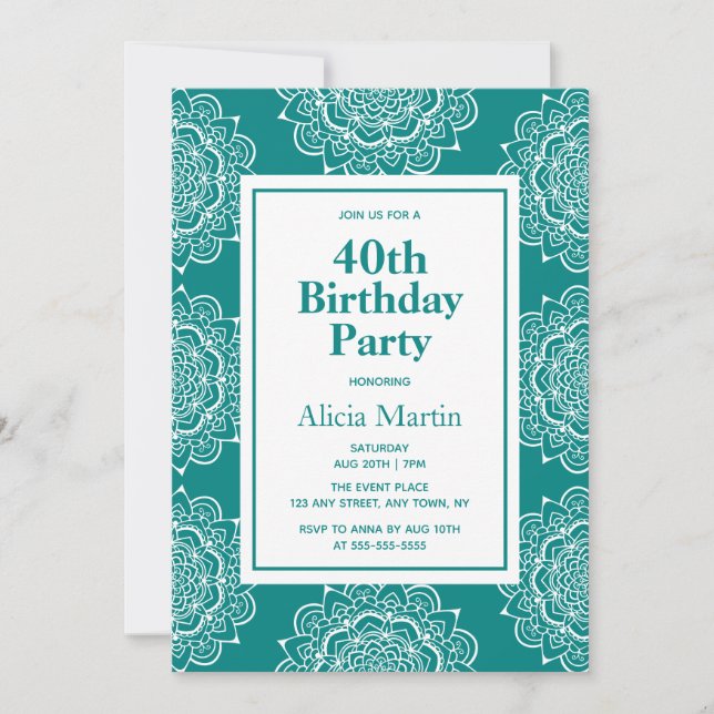 Teal Green & White Mandala Flower 40th Birthday Invitation (Front)