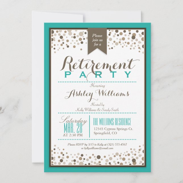 Teal Green, White, Taupe Modern Retirement Party Invitation (Front)