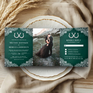 Teal Green Wood Horseshoes Lace Wedding Photo Tri-Fold Invitation