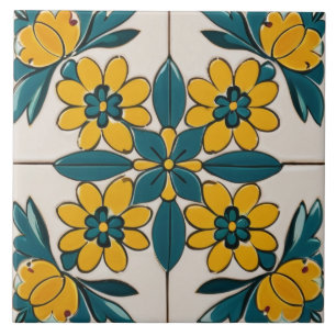 Teal Green & Yellow Flowers Geometric Floral Ceramic Tile