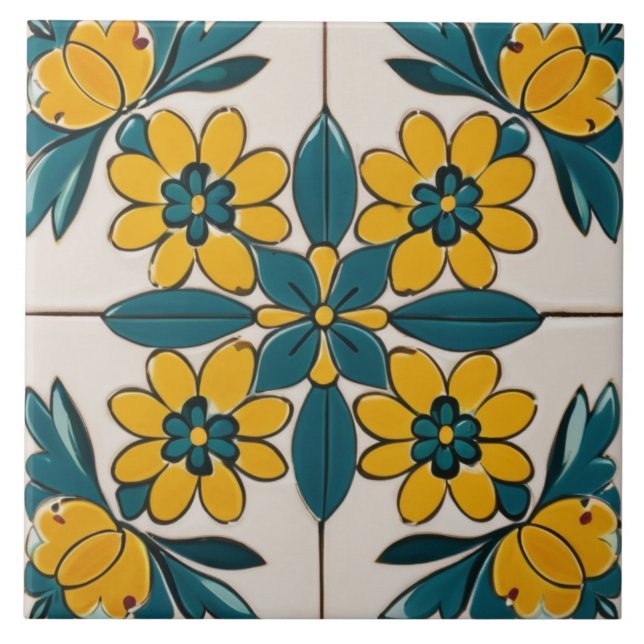 Teal Green & Yellow Flowers Geometric Floral Ceramic Tile (Front)