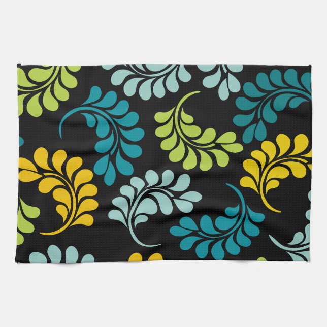 Teal Green Yellow Flowers Monogram Tea Towel (Horizontal)